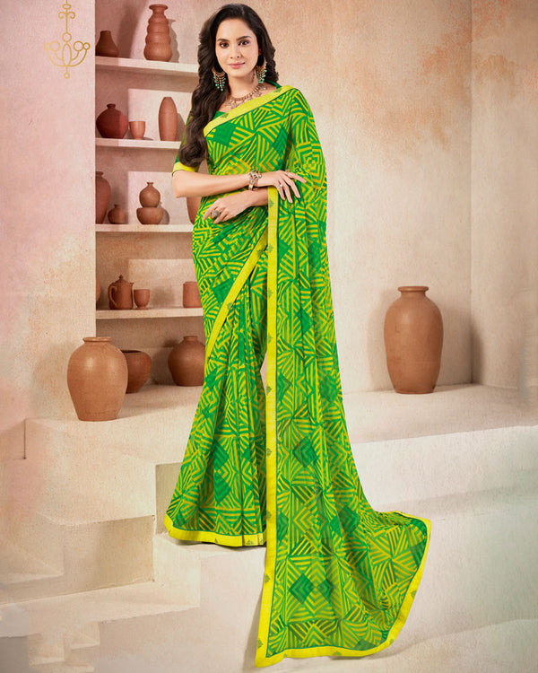 Vishal Prints Parrot Green Printed Georgette Saree With Fancy Border