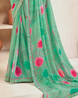 Vishal Prints Aqua Green Printed Georgette Saree With Fancy Border