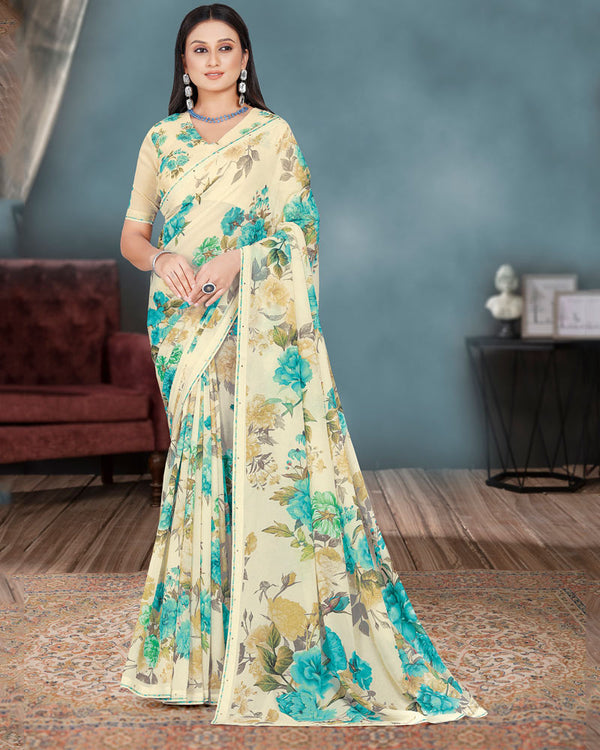 Vishal Prints Ivory And Teal Blue Digital Floral Print Georgette Saree With Piping