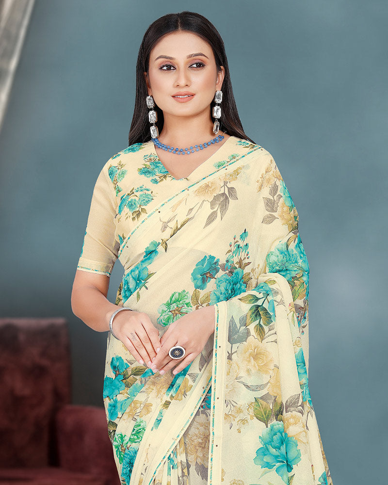 Vishal Prints Ivory And Teal Blue Digital Floral Print Georgette Saree With Piping