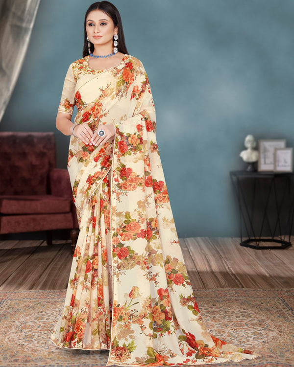 Vishal Prints Ivory And Dark Red Digital Floral Print Georgette Saree With Piping