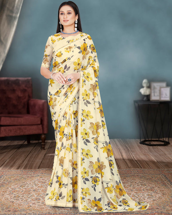 Vishal Prints Ivory And Olive Yellow Digital Floral Print Georgette Saree With Piping