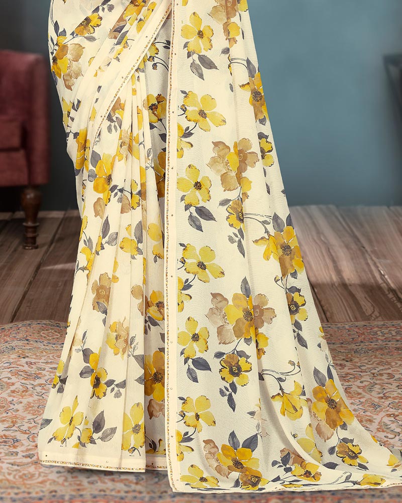 Vishal Prints Ivory And Olive Yellow Digital Floral Print Georgette Saree With Piping