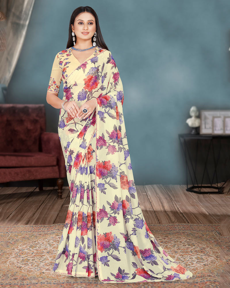 Vishal Prints Ivory And Violet Digital Floral Print Georgette Saree With Piping