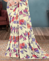 Vishal Prints Ivory And Violet Digital Floral Print Georgette Saree With Piping