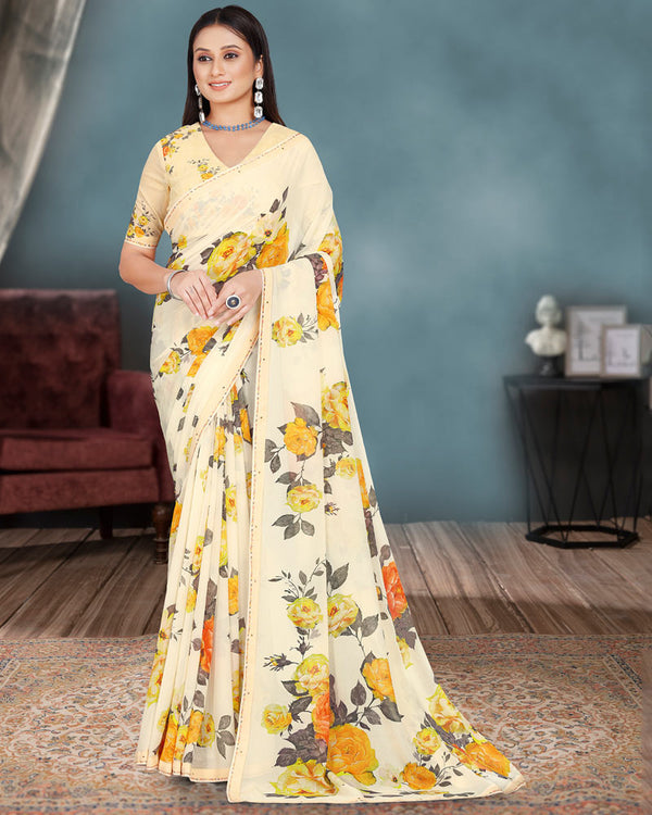 Vishal Prints Ivory And Golden Yellow Digital Floral Print Georgette Saree With Piping
