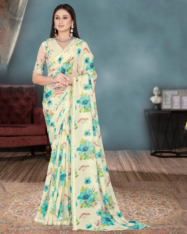 Vishal Prints Ivory And Dark Turquoise Blue Digital Floral Print Georgette Saree With Piping
