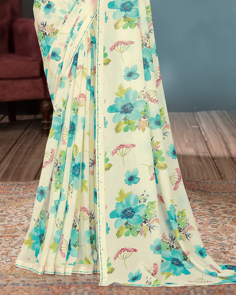 Vishal Prints Ivory And Dark Turquoise Blue Digital Floral Print Georgette Saree With Piping