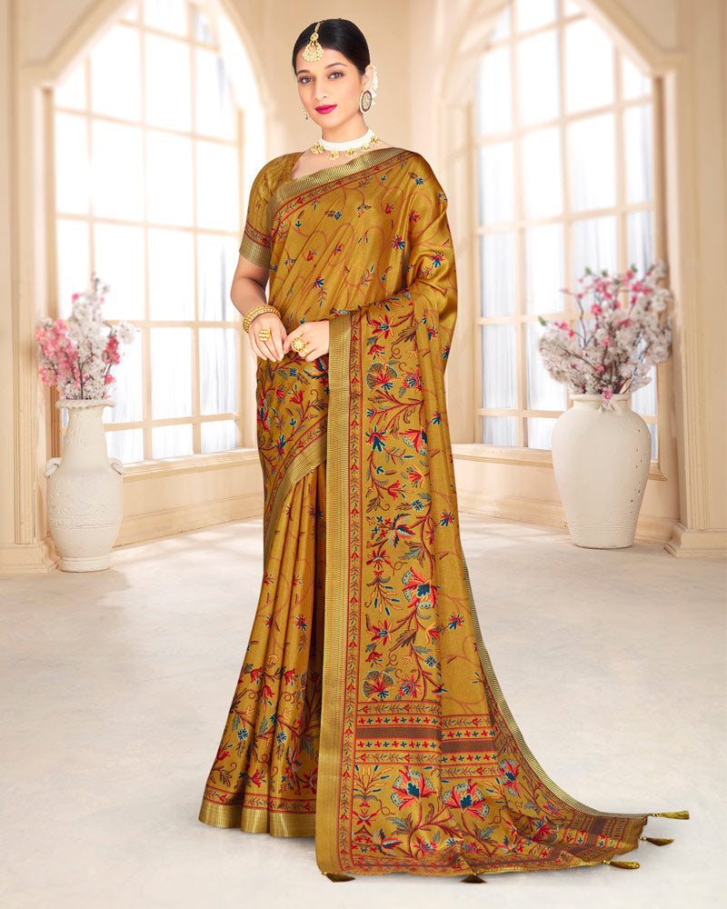 Vishal Prints Dark Mustard Poly Cotton Digital Printed Saree With Tassel