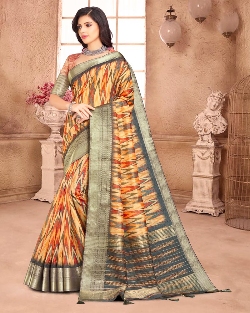 Vishal Prints Multi Poly Cotton Weaving Printed Saree With Tassel