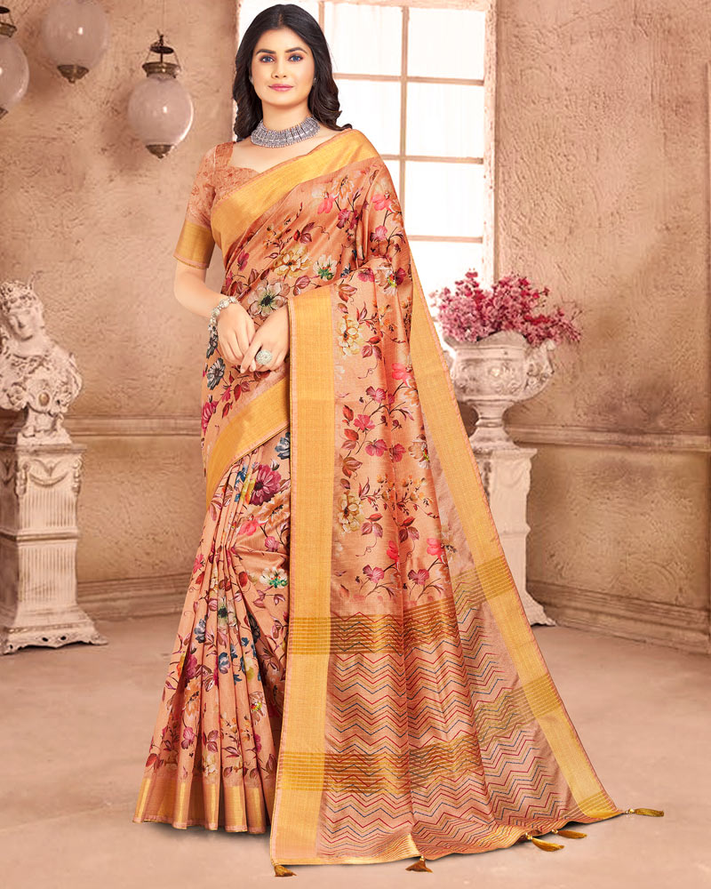 Vishal Prints Peach Poly Cotton Weaving Printed Saree With Tassel