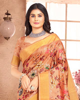Vishal Prints Peach Poly Cotton Weaving Printed Saree With Tassel