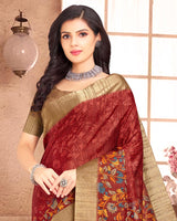 Vishal Prints Brownish Red Poly Cotton Weaving Printed Saree With Tassel