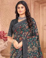 Vishal Prints Dark Grey Poly Cotton Weaving Printed Saree With Tassel