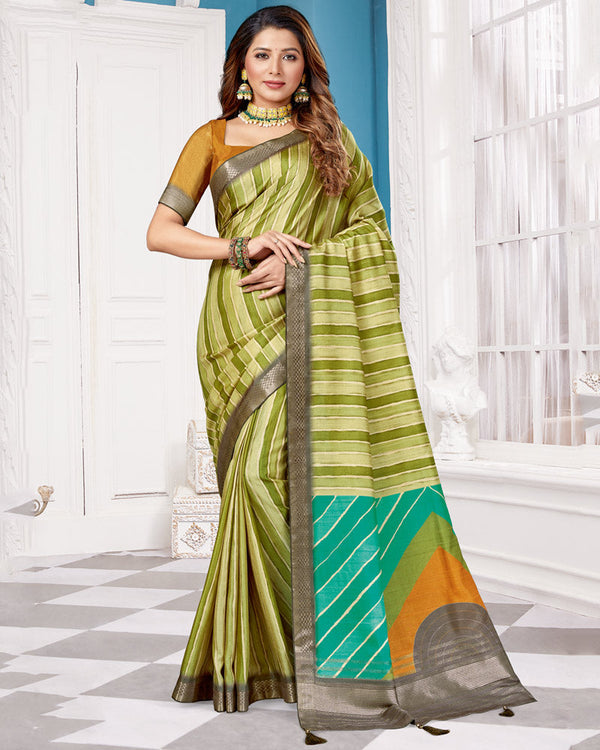 Vishal Prints Olive Green Poly Cotton Digital Print Saree With Fancy Border