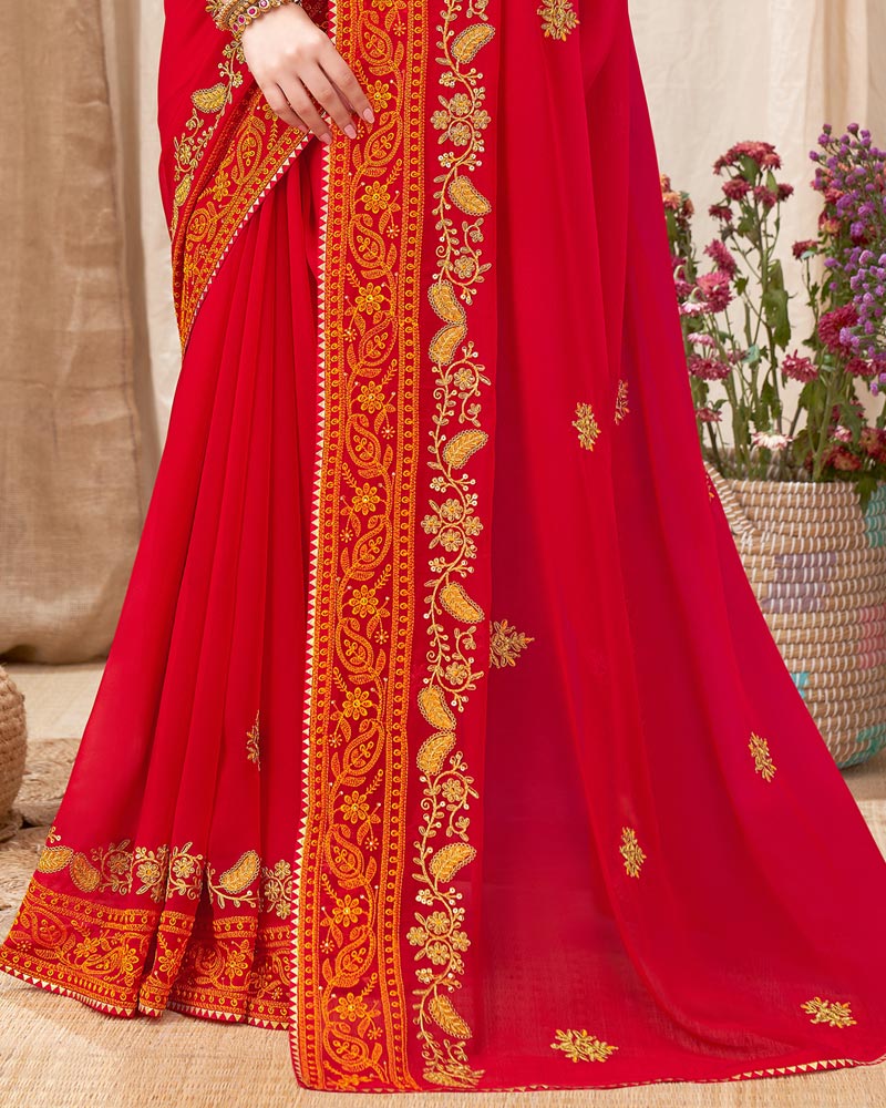Vishal Prints Red Chiffon Saree With Embroidery Work And Fancy Border