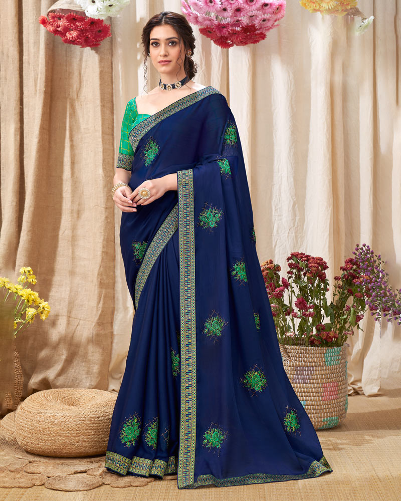 Vishal Prints Blue Chiffon Saree With Embroidery Work And Fancy Border