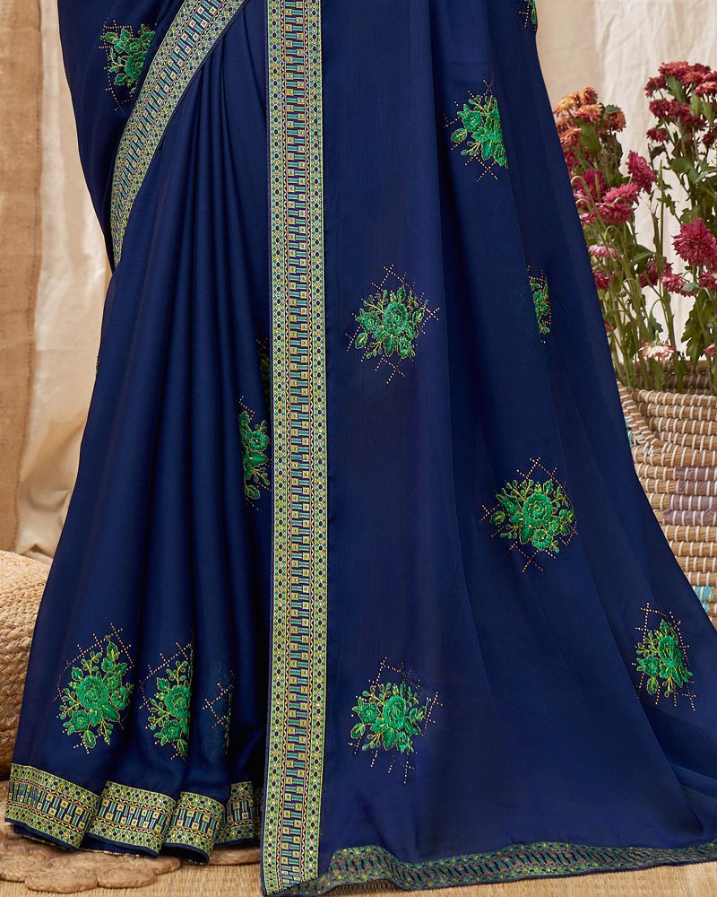 Vishal Prints Blue Chiffon Saree With Embroidery Work And Fancy Border