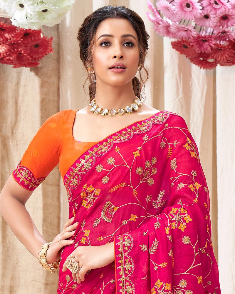 Vishal Prints Orange And Hot Pink Chiffon Saree With Embroidery Work And Fancy Border