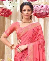 Vishal Prints Pink Chiffon Saree With Embroidery Work And Fancy Border