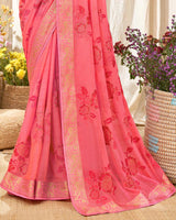 Vishal Prints Pink Chiffon Saree With Embroidery Work And Fancy Border