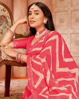 Vishal Prints Red Pink Printed Chiffon Saree With Fancy Border