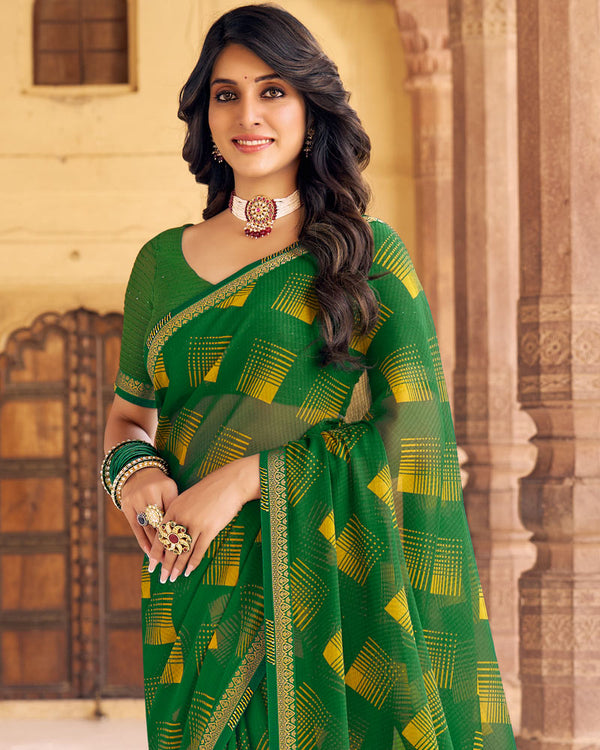Vishal Prints Dark Green Printed Chiffon Saree With Fancy Border