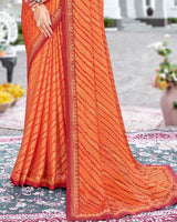 Vishal Prints Dark Orange Printed Brasso Saree With Fancy Border