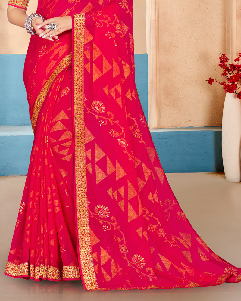 Vishal Prints Pinkish Red Brasso Saree With Foil Print And Zari Border