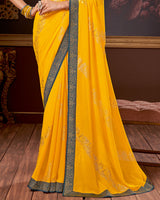 Vishal Prints Dark Yellow Chiffon Saree With Foil Print And Zari Border