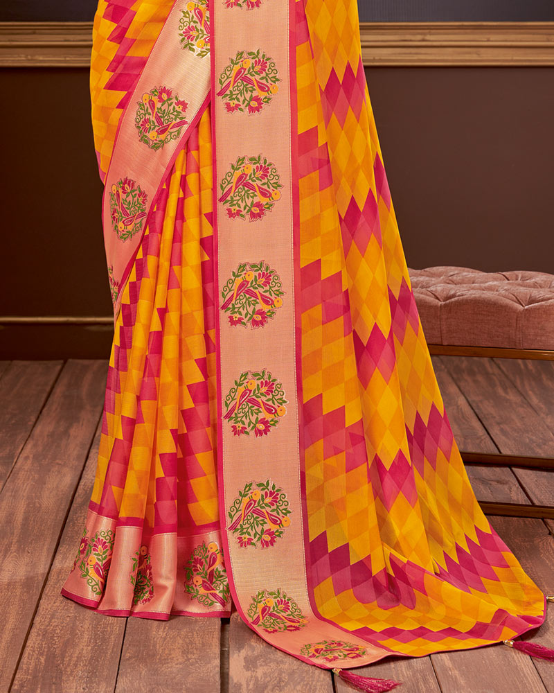Vishal Prints Yellowish Orange Printed Designer Chiffon Saree With Tassel