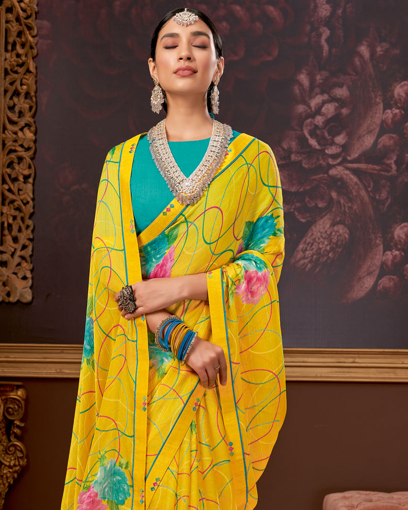 Vishal Prints Golden Yellow Printed Chiffon Saree With Fancy Border