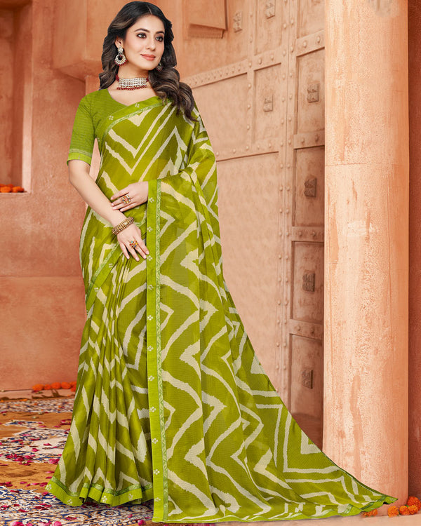 Vishal Prints Olive Green Printed Chiffon Saree With Fancy Border