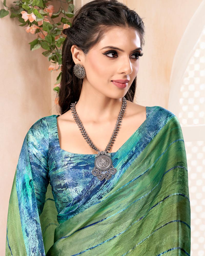 Vishal Prints Sage Green Digital Print Patterned Brasso Saree With Weaved Satin Border