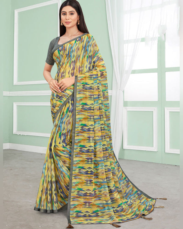 Vishal Prints Pastel Yellow Digital Print Chiffon Saree With Foil Print And Tassel
