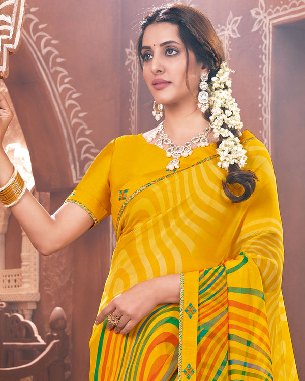 Vishal Prints Golden Yellow Printed Georgette Saree With Border