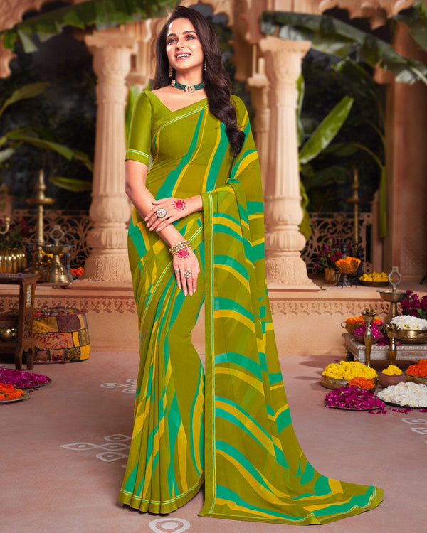 Vishal Prints Mehandi Green Printed Georgette Saree With Fancy Border