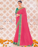 Vishal Prints Red Pink Chiffon Saree With Zari Border