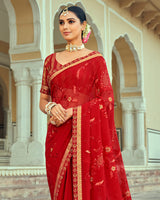 Vishal Prints Dark Red Georgette Saree With Embroidery Work And Border