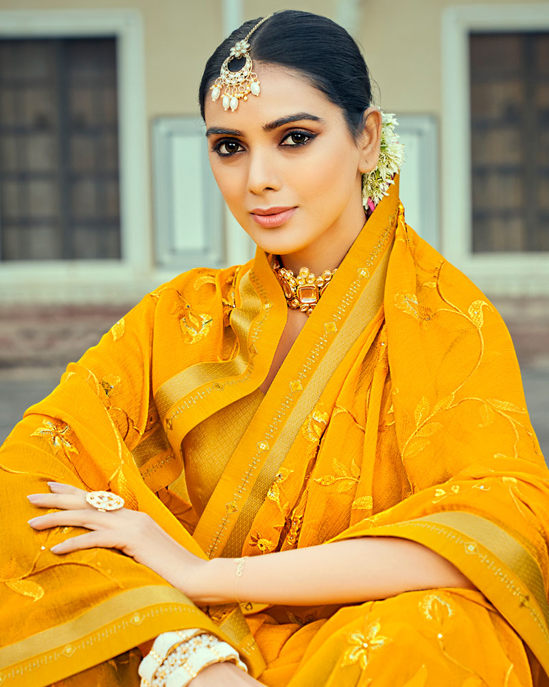 Vishal Prints Dark Yellow Georgette Saree With Embroidery Work And Border