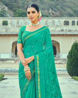Vishal Prints Dark Mint Green Georgette Saree With Embroidery Work And Border