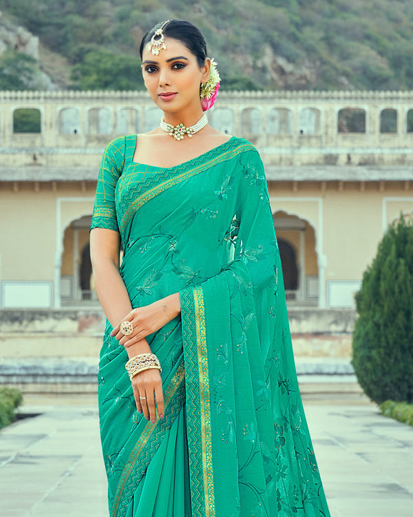 Vishal Prints Dark Mint Green Georgette Saree With Embroidery Work And Border