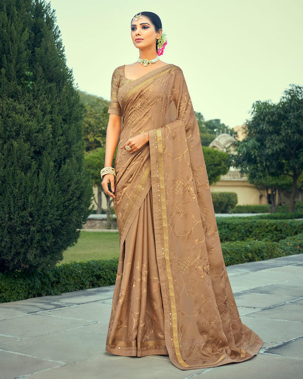 Vishal Prints Pastel Brown Georgette Saree With Embroidery Work And Border