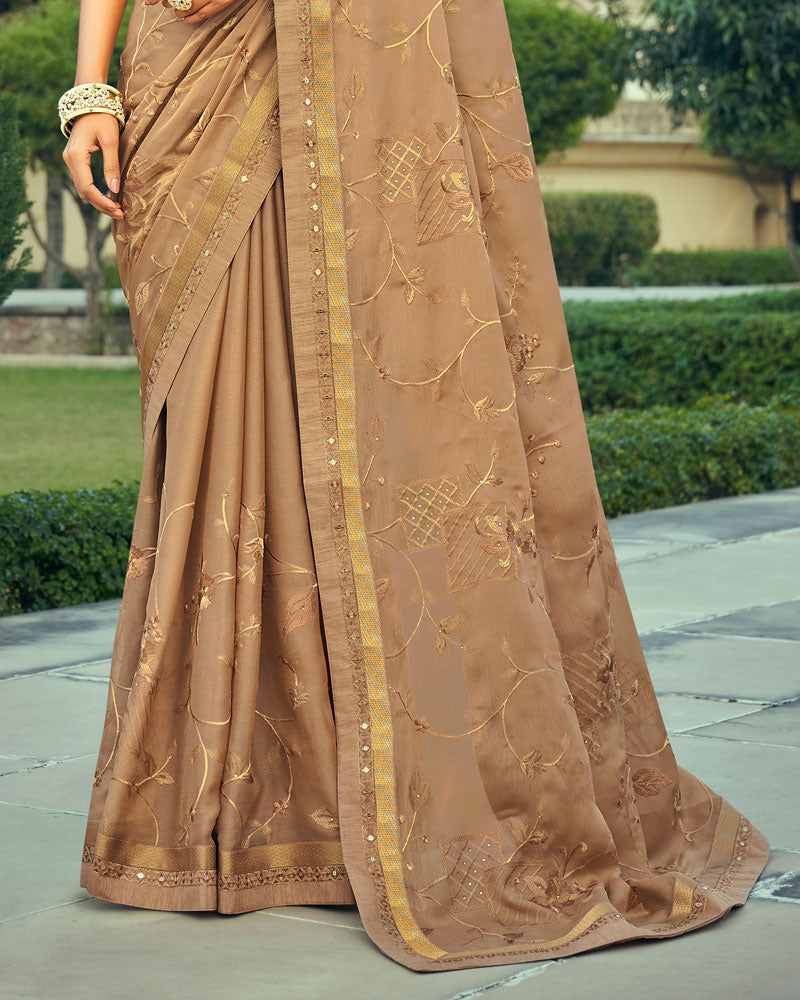 Vishal Prints Pastel Brown Georgette Saree With Embroidery Work And Border
