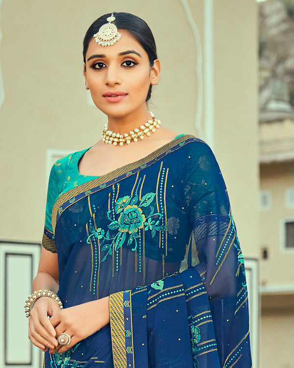 Vishal Prints Ink Blue Georgette Saree With Embroidery Work And Border