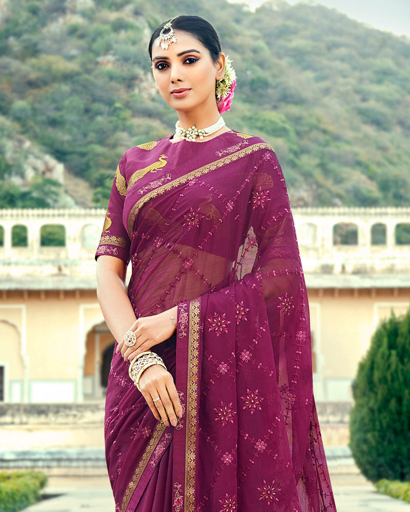 Vishal Prints Wine Georgette Saree With Embroidery Work And Border