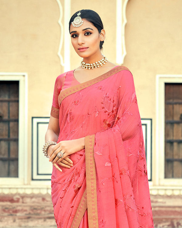 Vishal Prints Coral Pink Georgette Saree With Embroidery Work And Border