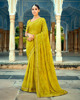 Vishal Prints Olive Yellow Georgette Saree With Embroidery Work And Border