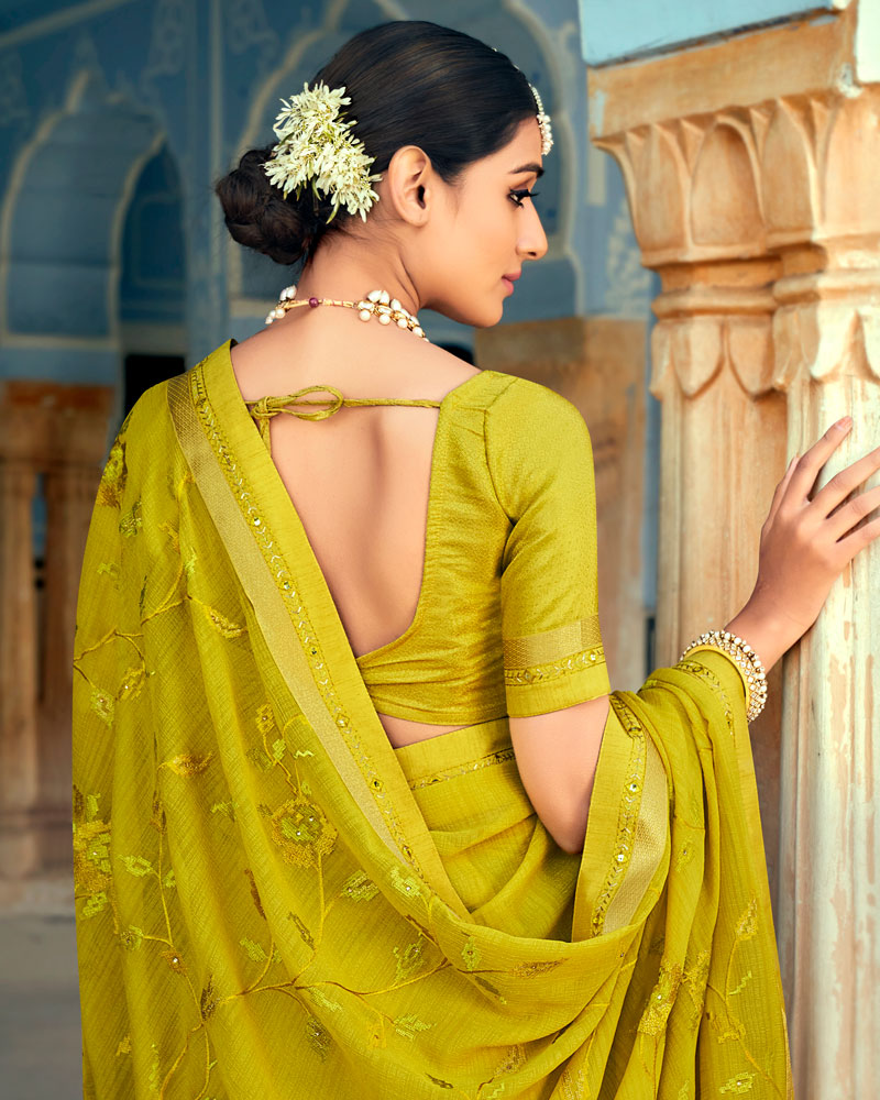 Vishal Prints Olive Yellow Georgette Saree With Embroidery Work And Border