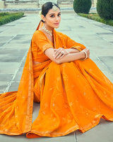Vishal Prints Orange Georgette Saree With Embroidery Work And Border